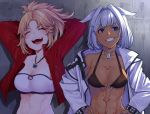  2girls abs animal_ears arms_behind_head arms_up bandeau bangs bikini bikini_top black_bikini blonde_hair blue_eyes bodypaint breasts caenis_(fate) cleavage closed_eyes collarbone commentary cowboy_shot dark_skin dog_ears dog_tags eyebrows_visible_through_hair fang fate/apocrypha fate/grand_order fate_(series) grin halterneck hands_on_hips jacket jewelry lips long_sleeves looking_at_viewer medium_breasts medium_hair midriff mikan_(chipstar182) mordred_(fate) mordred_(fate)_(all) multiple_girls navel necklace open_clothes open_jacket open_mouth parted_bangs parted_lips ponytail red_jacket shade shadow short_hair side-by-side silver_hair smile strapless studded studs sunlight swimsuit teeth toned tongue tsurime tubetop white_jacket 