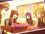  1boy 3girls :d black-framed_eyewear black_neckwear blush brown_hair brown_jacket chair closed_eyes cookie cup curtains double_bun drink eating food gendai_mahou_gakuen_no_jijou_~shingakki~ glass glasses harukaze_makoto highres indoors jacket light_brown_hair long_hair multiple_girls necktie open_mouth ponytail puffy_short_sleeves puffy_sleeves short_sleeves sitting smile sugar_bowl table teacup teapot twilight window 