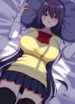  1girl ass_visible_through_thighs bangs black_hair black_legwear blush bow breasts dutch_angle eyebrows_visible_through_hair highres large_breasts long_hair looking_at_viewer lying mokufuu on_back open_mouth original pillow pleated_skirt purple_eyes red_bow shirt signature skirt solo sweater_vest thighhighs white_shirt 