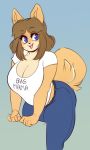  anthro big_breasts bottomwear breasts brown_hair buxbi canid canine canis cleavage clothed clothing colored domestic_dog female fur hair jeans june_(jinu) mammal open_mouth open_smile pants shirt smile solo t-shirt tan_body tan_fur text topwear 
