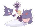  1boy apron closed_eyes cup fangs floating gastly gen_1_pokemon gengar ghost haunter holding holding_cup holding_toothbrush jaho-12 looking_at_another male_focus matsuba_(pokemon) mouth_hold mug pokemon pokemon_(game) pokemon_hgss scarf scarf_removed simple_background sleepy waking_up white_background 