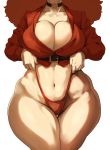  1girl belt big_hair breasts brown_hair bursting_breasts cameltoe cleavage collar curly_hair curvy donaught head_out_of_frame highleg highleg_panties highres huge_breasts jacket navel no_pants panties partially_unbuttoned powerpuff_girls pulled_by_self red_jacket red_panties sara_bellum solo thick_thighs thigh_gap thighs underwear wedgie wide_hips 