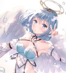  1girl angel angel_wings arm_up armpits bare_shoulders blue_eyes blue_hair breasts choker cleavage collarbone covered_navel criss-cross_halter detached_sleeves earrings feathered_wings hakuda_tofu halo halterneck highres jewelry long_sleeves looking_at_viewer medium_breasts monster_collect parted_lips revealing_clothes short_hair side_cutout solo upper_body v wings 