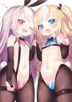 2girls :d ;d animal_ears azur_lane bare_shoulders black_neckwear blonde_hair blue_eyes blush bow bowtie breasts bridal_gauntlets brown_legwear bunny_ears commentary_request fang fangs fishnet_legwear fishnets grey_hair hair_ornament hand_up hands_up heart highres hobby_(azur_lane) holding_hands interlocked_fingers kalk_(azur_lane) kokone_(coconeeeco) long_hair maebari meme_attire multicolored_hair multiple_girls navel one_eye_closed one_side_up open_mouth red_eyes reverse_bunnysuit reverse_outfit simple_background small_breasts smile streaked_hair v very_long_hair white_background white_hair 
