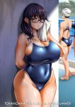  1girl arm_behind_head bangs bare_shoulders black_hair blue_swimsuit breasts cleavage covered_navel curvy glasses grey_eyes holding holding_towel huge_breasts jimiko large_breasts looking_at_viewer medium_hair neroma_shin one-piece_swimsuit open_mouth original pool school_swimsuit skin_tight standing swim_cap swimsuit thick_thighs thighs towel water wet wiping_sweat 