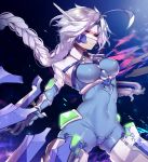  1girl ahoge blazblue bodysuit braid breasts covered_navel grey_hair headgear highres long_hair medium_breasts nu-13 single_braid skin_tight solo uzukinoko very_long_hair white_hair 