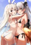  2girls amatsukaze_(kantai_collection) ass bikini black_bikini blonde_hair breasts collarbone grey_eyes highres innertube kantai_collection lifebuoy long_hair multiple_girls shimakaze_(kantai_collection) small_breasts smile string_bikini swimsuit takanashi_kei_(hitsujikan) twintails white_bikini white_hair yellow_eyes 