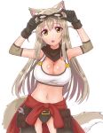  1girl :p adjustable_wrench animal_ears blush breasts cleavage clothes_around_waist elbow_pads fox fox_ears gloves goggles goggles_on_head grey_hair halter_top halterneck highres large_breasts lily_the_mechanic long_hair looking_at_viewer lost_pause mascot mechanic monotsuki navel solo tongue tongue_out tool_belt tools upper_body wrench yellow_eyes 