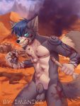  2020 5_fingers animal_genitalia anthro balls blood blue_eyes blue_hair bodily_fluids canid canine day detailed_background digital_media_(artwork) fingers genitals hair imanika male mammal outside sheath sky solo 