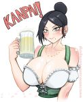  2020 alcohol beer bijin_onna_joushi_takizawa-san black_hair breasts brown_eyes cleavage collarbone corset dated earrings frilled_sleeves frills german_clothes gold_necklace hair_bun highres jewelry large_breasts mole red_earrings shirt smile takizawa_kyouko vittoriogiorgi white_shirt 