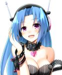  1girl 5pb_(neptune_series) bare_shoulders black_dress blue_hair blush breasts cleavage collar collarbone commentary doria_(p_f_dolia) dress english_commentary eyebrows_visible_through_hair hair_intakes hand_in_hair headphones heart heart_necklace highres long_hair looking_at_viewer medium_breasts neptune_(series) open_mouth portrait purple_eyes simple_background sleeveless sleeveless_dress solo white_background wristband 
