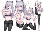  1girl absurdres animal_ear_fluff animal_ears armpits arms_up aruvina_(gu_luco) bare_arms bare_shoulders barefoot black_pants breasts cat_ears cleavage cleavage_cutout crop_top exercise grey_hair grey_shirt gu_luco hair_ribbon hand_up highleg highres large_breasts leg_up long_hair looking_at_viewer midriff multiple_views navel original pants parted_lips red_eyes ribbon shirt simple_background skindentation sleeveless sleeveless_shirt speech_bubble stomach stretch sweat thong track_pants twintails v-shaped_eyebrows white_background 