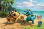  beach blue_sky bucket claws cloud cloudy_sky commentary day english_commentary gen_1_pokemon gen_2_pokemon gen_4_pokemon hippopotas krabby ocean outdoors pine_tree pokemon sand sand_castle sand_sculpture signature sky summer totodile tree tyma_(mtymas) water 