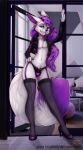  2020 5_fingers anthro canid canine clothed clothing crossdressing digital_media_(artwork) eyebrows eyelashes fingers fox fur hair hi_res male mammal mifa purple_hair purple_nose smile solo white_body white_fur 