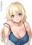 1girl atago_(kantai_collection) blonde_hair blue_eyes blush breasts camisole cleavage collarbone ebifurya eyebrows_visible_through_hair hair_between_eyes highres kantai_collection large_breasts lips long_hair looking_at_viewer no_hat no_headwear open_clothes open_shirt shirt simple_background smile solo spaghetti_strap twitter_username upper_body white_background white_shirt 