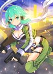  1girl blue_eyes blue_hair breasts cleavage commentary_request fingerless_gloves frown gloves green_jacket gun hair_between_eyes hair_ornament hairclip highres jacket knee_up large_breasts looking_at_viewer rifle scarf short_hair short_shorts shorts sinon solo sword_art_online sword_art_online_alternative:_gun_gale_online two-tone_jacket uonuma_yuu weapon white_jacket white_scarf 