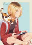  1boy animal_on_shoulder antweiyi artist_name blonde_hair blue_background cat cat_on_shoulder commentary crossed_ankles haikyuu!! jacket kozume_kenma long_sleeves male_focus nintendo_switch red_jacket shoes shorts signature sitting sneakers yellow_eyes 