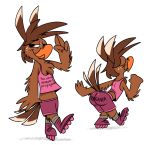  2019 alpha_channel anthro avian beak bird bottomwear brown_body brown_feathers butt cheek_tuft chest_tuft clothing facial_tuft feather_hair feather_hands feathers freckles girly hi_res inline_skates lidded_eyes male orange_eyes piemations pink_clothing pretzel_(piemations) pseudo_hair rollerskates seductive shirt shorts simple_background smile solo suggestive tail_feathers tank_top text_on_clothing text_on_shirt topwear transparent_background tuft 