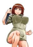  1girl breasts brown_eyes brown_hair camouflage_shirt clenched_hand combat_knife commentary_request covered_nipples gate_-_jieitai_ka_no_chi_nite_kaku_tatakaeri holding holding_knife holding_weapon knife kuribayashi_shino large_breasts naked_shirt reverse_grip sao_satoru shirt sleeves_pushed_up solo taut_clothes taut_shirt weapon white_background zipper_pull_tab 