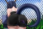  1girl arknights ass bare_shoulders bent_over bike_shorts bishi_(bishi) black_shorts blue_hair camisole ch&#039;en_(arknights) chain-link_fence chinese_commentary commentary_request cowboy_shot dragon_horns dragon_tail fence from_behind grass horns long_hair short_shorts shorts solo spaghetti_strap tail 