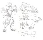  absurd_res anthro antlers bone canid cervid fingers fluffy genitals hi_res hooved_fingers hooves horn hybrid male mammal melee_weapon penis skull skyfifer solo traditional_media_(artwork) weapon 