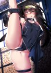  1girl absurdres bangs black_gloves black_hair black_rock_shooter black_rock_shooter_(character) blue_eyes blue_swimsuit blush breasts cameltoe collar covered_navel eyebrows_visible_through_hair eyewear_on_head fanbox_reward gloves highres indoors jacket leg_lift leg_up long_hair m-da_s-tarou one-piece_swimsuit open_mouth paid_reward small_breasts solo split spread_legs standing standing_on_one_leg standing_split sunglasses sweat swimsuit thigh_strap twintails uneven_twintails 