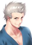  1boy commentary_request dougi grey_eyes japanese_clothes little_busters! looking_at_viewer male_focus miyazawa_kengo silver_hair simple_background smile solo spiked_hair upper_body white_background zen 