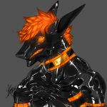  1:1 anthro claws glistening glowing grey_background hair k-2003 k-2173 kirisha living_rubber living_toy male orange_eyes orange_hair orange_sclera rubber sergal signature simple_background smile solo teeth 