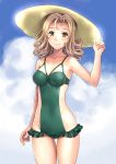  1girl adjusting_headwear bikini blue_sky breasts brown_eyes brown_hair closed_mouth cloud cloudy_sky commentary covered_navel day drill_hair frilled_bikini frills green_swimsuit hat katahira_masashi looking_at_viewer medium_breasts original outdoors sky smile solo standing sun_hat swimsuit thigh_gap yellow_headwear 