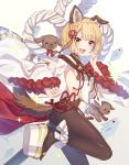  1girl :d animal_ears backless_outfit bangs bare_shoulders blonde_hair blush braid breasts brown_legwear commentary_request detached_sleeves dog dog_ears dog_girl dog_tail erune eyebrows_visible_through_hair fish granblue_fantasy hair_ornament japanese_clothes jiman looking_at_viewer open_mouth pantyhose puppy revision rope shimenawa short_hair small_breasts smile solo tail vajra_(granblue_fantasy) wide_sleeves 