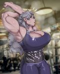  /\/\/\ 1girl abs armpits biceps bike_shorts bodysuit_under_clothes breasts cleavage cleavage_cutout commentary cross cross_earrings dorohedoro ear_piercing earrings english_commentary grey_hair gym highres huge_breasts inverted_cross jewelry krekk0v long_hair looking_at_viewer muscle muscular_female noi_(dorohedoro) photo_background piercing red_eyes solo stretch sweat sweating_profusely thick_thighs thighs 