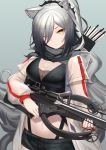  1girl animal_ears arknights arrow bangs black_scarf black_shorts bow_(weapon) breasts cat_ears chinese_commentary commentary_request crop_top crossbow grey_background hair_over_one_eye highres holding holding_bow_(weapon) holding_weapon jacket large_breasts long_hair long_sleeves looking_at_viewer midriff one_eye_closed quiver scarf schwarz_(arknights) short_shorts shorts silver_hair simple_background sndbr solo stomach upper_body very_long_hair weapon white_jacket yellow_eyes 