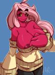  anthro areola areola_slip breast_freckles breasts clothing female freckles hair hi_res kyoob_(thegentlebro) leokingdom looking_at_viewer pink_hair smile solo sweater topwear 