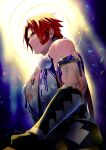  1boy japanese_clothes male_focus nyagi pom_pom_(clothes) ponytail red_hair sarashi seiza sitting smile tonbokiri_(touken_ranbu) touken_ranbu yellow_eyes 