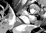  1girl arms_up bangs bdsm blush bound breasts chain cleavage commentary_request covered_nipples eyebrows_visible_through_hair fate/grand_order fate_(series) florence_nightingale_(fate/grand_order) from_below greyscale hat intravenous_drip large_breasts layered_bikini monochrome navel nurse_cap restrained sidelocks sitting spread_legs stethoscope stomach sweat syringe thighs trick_or_treatment yuuki_shin 