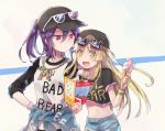  2girls :d backwards_hat bang_dream! bangs baseball_cap black_headwear black_shirt blonde_hair bracelet brochure chain_necklace character_print clothes_around_waist clothes_writing crop_top earrings eyewear_on_headwear food hand_on_hip hat holding holding_food ice_cream_cone jewelry michelle_(bang_dream!) multiple_girls navel open_mouth oto_(rozeko) paw_print ponytail print_shirt purple_hair raglan_sleeves red_eyes seta_kaoru shirt shirt_around_waist short_sleeves sidelocks smile sunglasses tsurumaki_kokoro upper_body yellow_eyes 