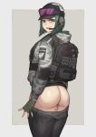  1girl ass backpack bag blush bottomless breasts camouflage cinko commentary ela ela_(rainbow_six_siege) elzbieta_bosak flashing from_behind gloves green_eyes green_hair hat headphones headset highres large_breasts legs long_sleeves looking_at_viewer no_panties pantyhose rainbow_six_siege short_hair simple_background smile smirk solo standing ubisoft undressing uniform 