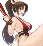  1girl :d breasts brown_eyes brown_hair fan fatal_fury gauntlets gloves happy highres japanese_clothes large_breasts looking_to_the_side open_mouth red_gloves shiranui_mai sideboob sitting sketch smile sookmo the_king_of_fighters thighs tied_hair white_background 