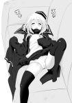  1girl absurdres arknights ass closed_eyes couch durin_(arknights) greyscale hair_between_eyes hat highres jacket long_hair lying momio monochrome on_back open_mouth panties pleated_skirt pointy_ears skirt sleeveless sleeves_past_wrists solo spread_legs thighhighs underwear 