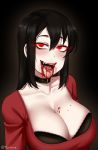  1girl :d bangs black_background black_bra black_choker black_hair blood blood_on_face bloody_mouth bra bra_peek breasts choker cleavage collarbone commentary fangs glowing glowing_eyes hair_between_eyes large_breasts long_hair looking_at_viewer open_mouth original red_eyes red_shirt shirt simple_background smile solo teeth twitter_username twrlare underwear upper_body vampire 