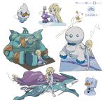  1girl blonde_hair blue_eyes braid commentary creature eiscue elsa_(frozen) english_commentary frozen_(disney) frozen_2 galarian_darmanitan galarian_form gen_2_pokemon gen_5_pokemon gen_8_pokemon golurk highres long_hair multiple_views pokemon pokemon_(creature) ponytail signature simple_background standing startboii suicune tied_hair toxel vanillite white_background 