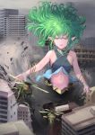  1girl absurdres aircraft army bangle bracelet breasts city commentary_request criss-cross_halter destruction elf floating_hair giantess green_hair halterneck helicopter highres igara1108 jewelry navel personification pointy_ears real_life small_breasts typhoon yellow_eyes 