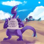  blue_sky claymation-nightmares cloud cloudy_sky commentary day desert english_commentary english_text gen_2_pokemon highres holding lugia outdoors pet_shaming pokemon pokemon_(game) pokemon_xd shadow_lugia sky standing tumblr_username 