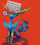  blue_eyes claymation-nightmares commentary creature english_commentary gen_6_pokemon highres horns legendarysoulii musical_note no_humans orange_background pet_shaming pokemon pokemon_(creature) shadow simple_background solo spoken_musical_note watermark web_address xerneas 
