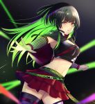  1girl :o absurdres bangs belt black_hair blunt_bangs breasts brown_eyes capelet chromatic_aberration cleavage green_hair green_nails highres idolmaster idolmaster_shiny_colors laser layered_skirt long_eyelashes long_hair looking_at_viewer mayuzumi_fuyuko medium_breasts midriff miniskirt moshi_210 multicolored_hair navel outstretched_hand sidelighting skirt solo thighhighs thighs two-tone_hair two_side_up wristband zettai_ryouiki 