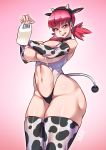  1girl :q akane_(pokemon) animal_ears animal_print bottle breasts cow_print curvy detached_sleeves fake_animal_ears highres huge_breasts lactation milk milk_bottle multicolored multicolored_clothes multicolored_legwear navel pink_eyes pink_hair pokemon pokemon_(game) ryuusei_(mark_ii) thick_thighs thighhighs thighs tongue tongue_out twintails 