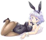  1girl alternate_costume animal_ears arnest bangs bare_arms bare_shoulders black_bow black_footwear black_hairband black_leotard black_neckwear blue_eyes blush bow bowtie breasts brown_legwear bunny_ears bunnysuit cleavage commentary detached_collar eyebrows_visible_through_hair fake_animal_ears hair_bow hairband izayoi_sakuya leotard looking_at_viewer lying medium_breasts on_side pantyhose parted_lips shoes short_hair silver_hair simple_background solo strapless strapless_leotard thighs touhou white_background wrist_cuffs 
