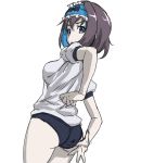  1girl adjusting_buruma adjusting_clothes ass black_hair blue_buruma blue_eyes blue_hair breasts buruma from_behind fujikawa_daichi garie_tuman gym_shirt gym_uniform hairband looking_at_viewer looking_back medium_breasts multicolored_hair pale_skin senki_zesshou_symphogear shiny shiny_hair shirt short_hair simple_background solo standing two-tone_hair white_background 