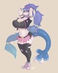  2020 anthro big_breasts blue_hair bottomwear breasts cleavage clothed clothing conditional_dnp digital_media_(artwork) female footwear hair hands_behind_head hi_res legwear long_hair looking_at_viewer nintendo pink_eyes pok&eacute;mon pok&eacute;mon_(species) primarina shoes simple_background skirt smile solo topwear video_games wyntersun 