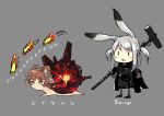  2girls :d absurdres ahoge animal_ears arknights bangs black_footwear black_jacket black_shirt black_skirt blush_stickers brown_hair bunny_ears character_name chibi commentary_request eyebrows_visible_through_hair eyjafjalla_(arknights) full_body hammer highres holding holding_hammer holding_weapon horns jacket long_hair multiple_girls open_clothes open_jacket open_mouth over_shoulder pompeii_(arknights) purple_eyes sakusyo savage_(arknights) sheep_ears sheep_horns shirt shoes sidelocks silver_hair skirt smile standing striped translation_request twintails vertical-striped_skirt vertical_stripes weapon weapon_over_shoulder |_| 
